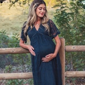 PinkBlush Navy Blue Lace Mesh Overlay Maternity Maxi Dress